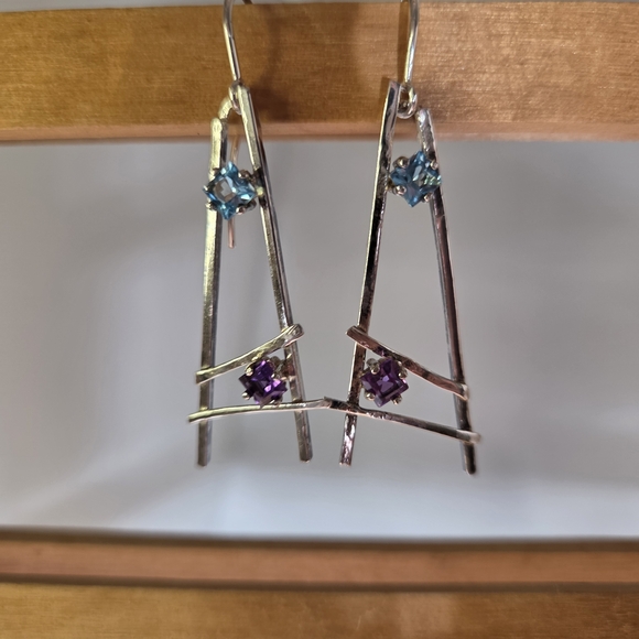 Unique Sterling Silver With Blue Topaz And Amethyst Gems - Picture 1 of 7